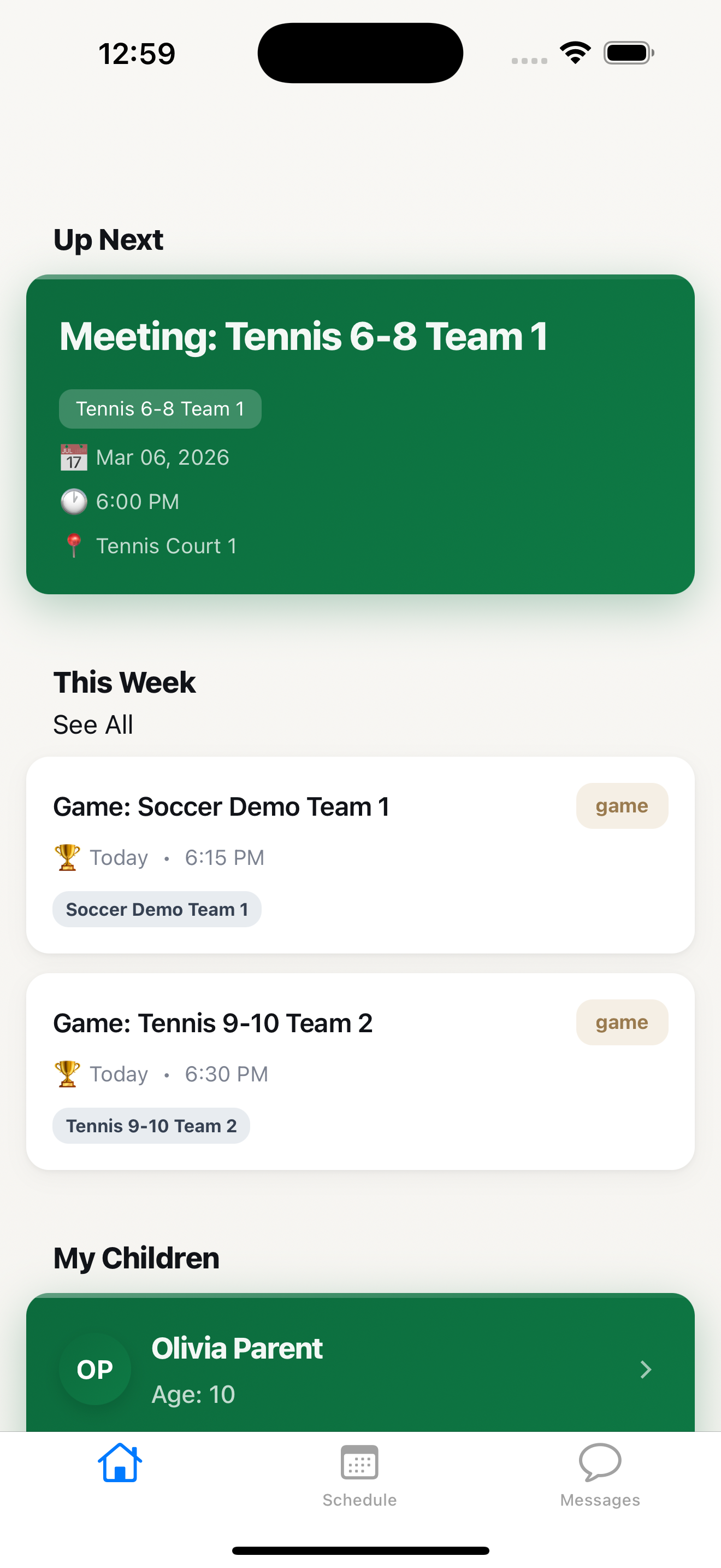 League Simple app dashboard showing teams and upcoming events